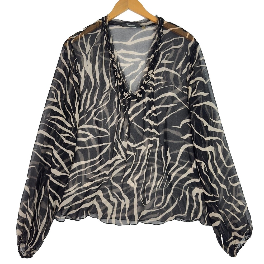 Tahari Silk Sheer Blouse XL Black White Abstract Print Ruffle Neck Lightweight